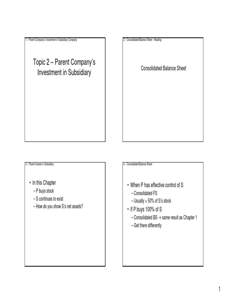 Topic 2 Parent Company's Investment in Subsidiary Investment in