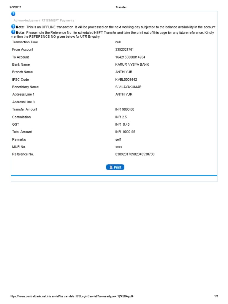 KVB NEFT/RTGS Payment Acknowledgement | PDF