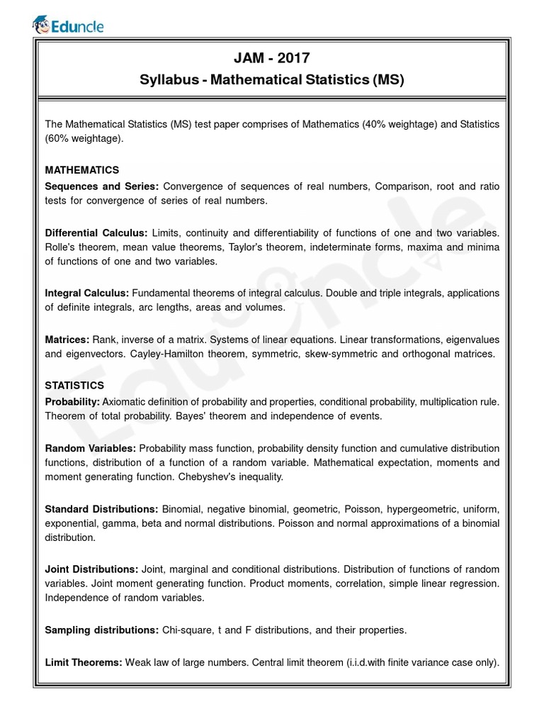 Iit Jam 2017 Syllabus For Mathematical Statistics PDF Normal