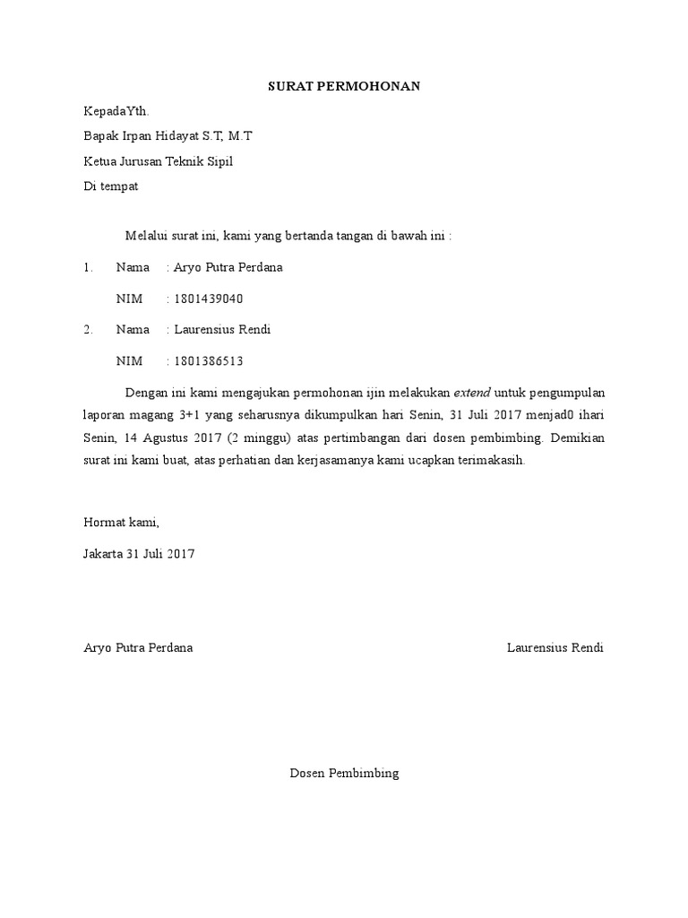 Surat Permohonan Extend