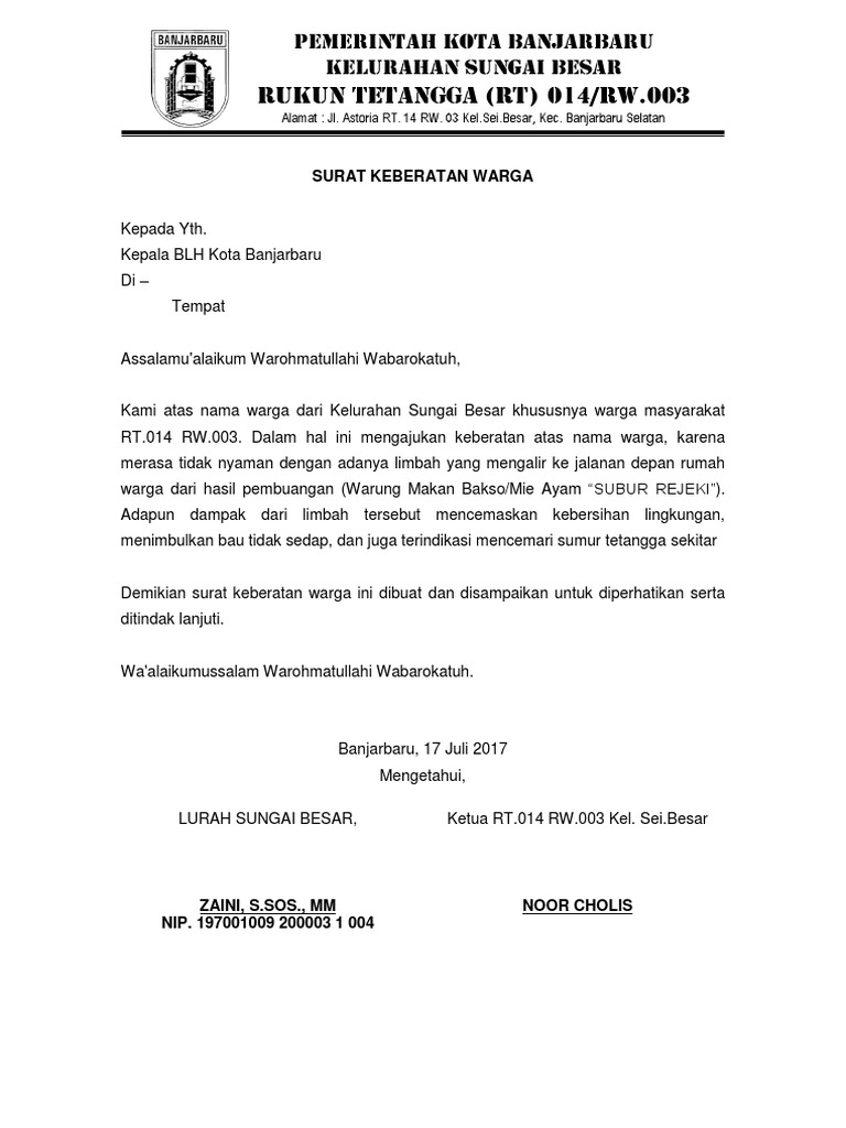 Surat Keberatan Warga  Teman Belajar