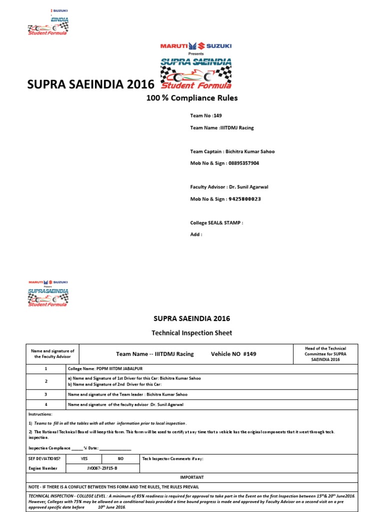 SAEINDIA 2016 Tech Inspection Sheet | PDF | Throttle | Suspension (Vehicle)
