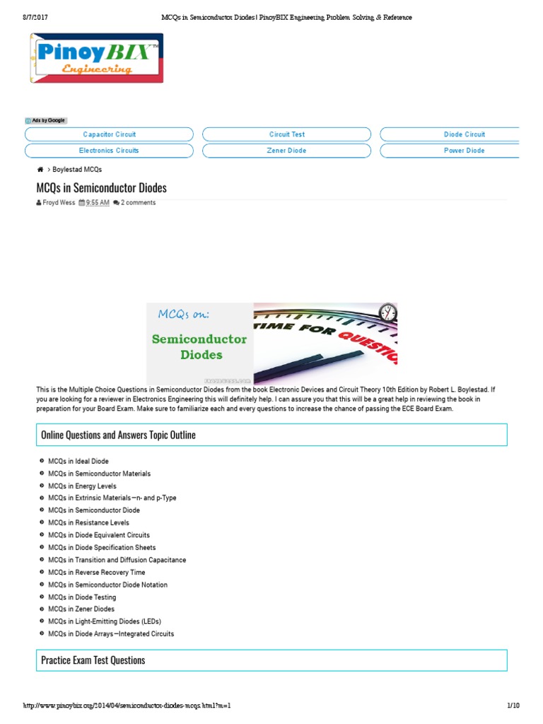 Mcqs in Semiconductor Diodes Capacitor Circuit Circuit Test Diode