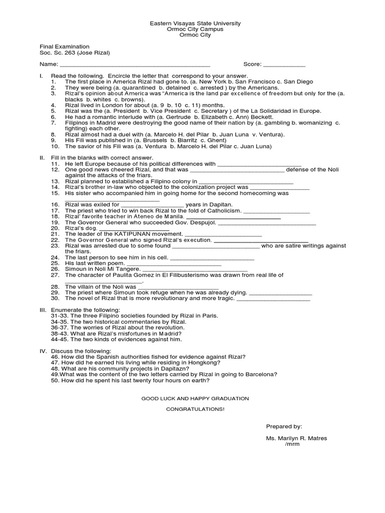 Final Exam in Rizal | Philippines