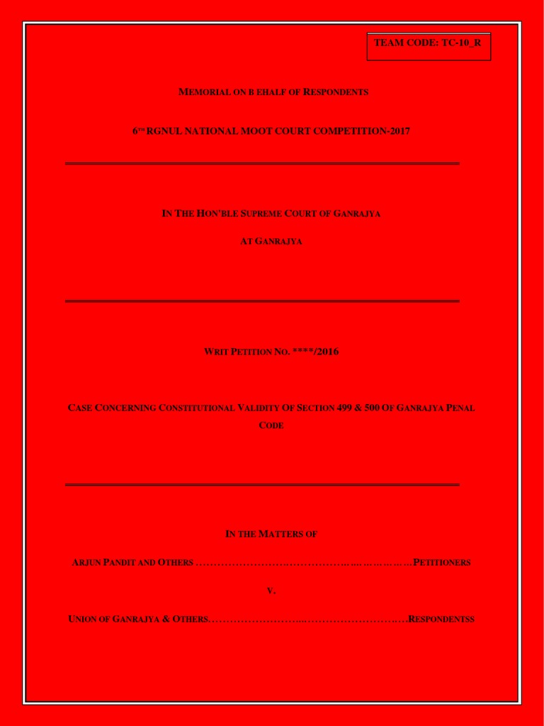 TC-10 - R Team Code: Tc-10 - R: Emorial On B Ehalf of Espondents | PDF ...