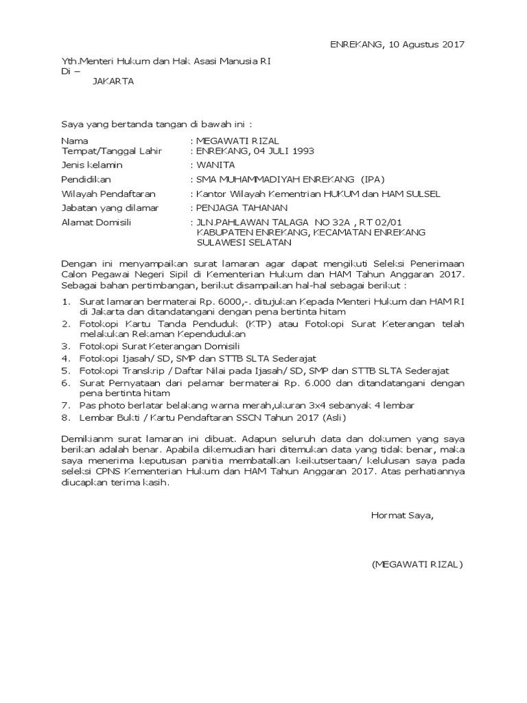 Contoh Surat Lamaran Kerja Ditujukan Kepada Menteri Hukum ...
