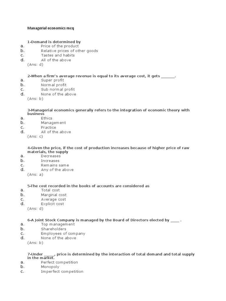 Managerial Economics Mcq Pdf Perfect Competition Monopoly
