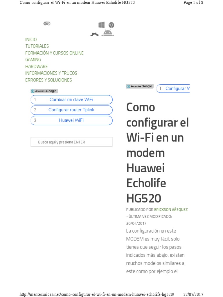 Configurar Wifi Modem Huawei Echolife Hg520s