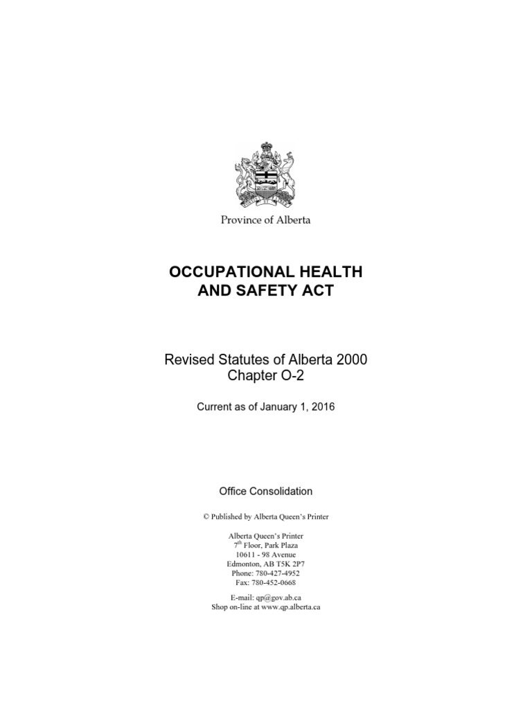 Occupational Health and Safety Act Revised Statutes of Alberta 2000 Chapter O2 PDF