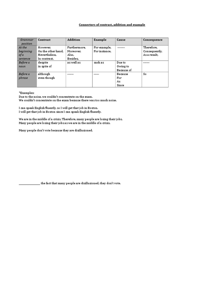 Connectors: Contrast, Addition, Examples | PDF | Language Arts & Discipline