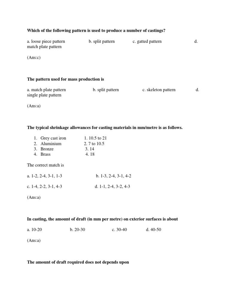Metal Cas MCQ PDF Casting (Metalworking) Process Engineering
