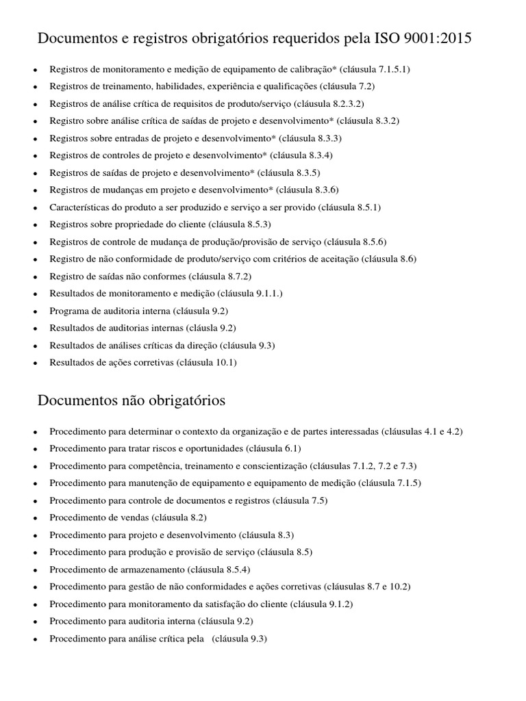 Lista de Documentos Obrigatórios Pela ISO 9001 2015 | PDF