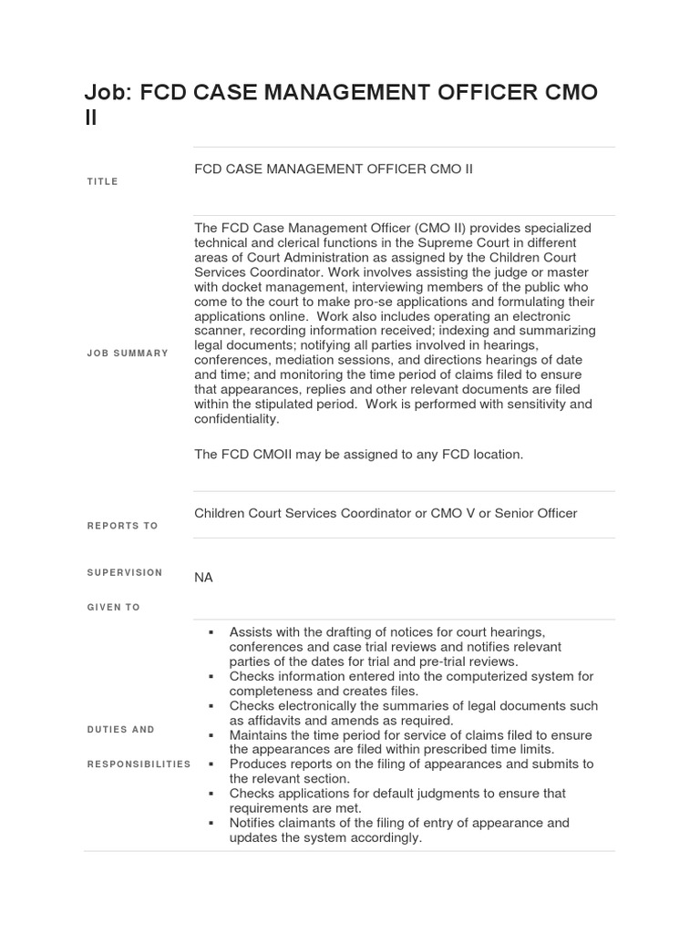 FCD Case Management Officer CMO II | PDF | Lawyer | Mediation