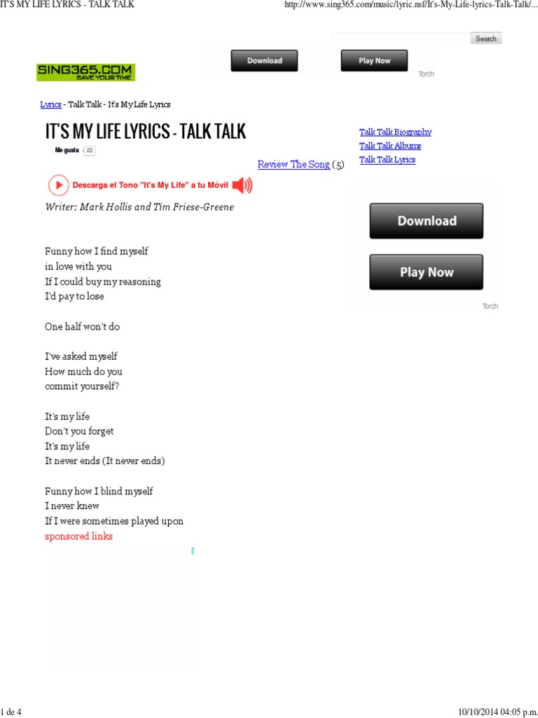 Talk Talk Lyrics It S My Life