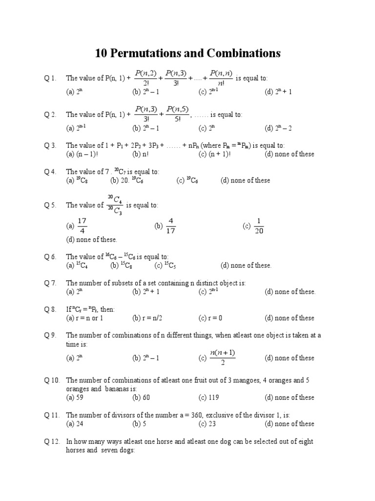 Permutations & Combinations Quiz | PDF | Permutation | Mathematical ...