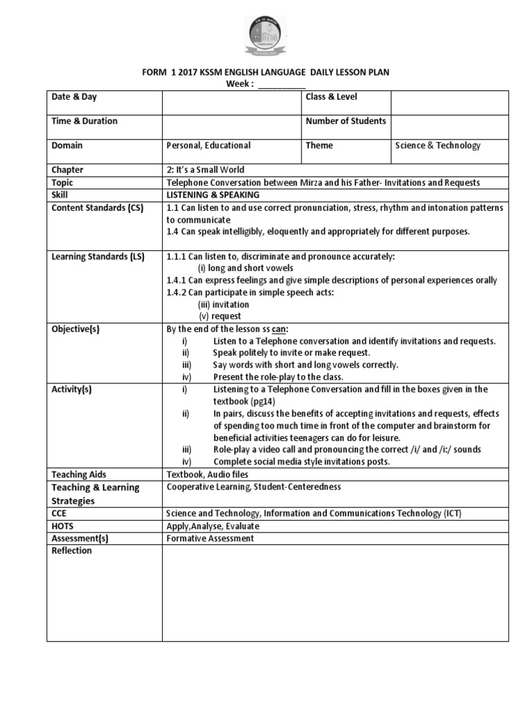 Form 1 Kssm Daily Lesson Plan Chapter 2 It S A Small World Educational Technology Lesson Plan