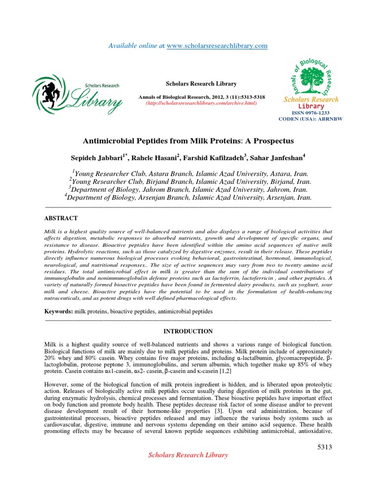 Antimicrobial Peptides From Milk Proteins A Prospectus | PDF ...