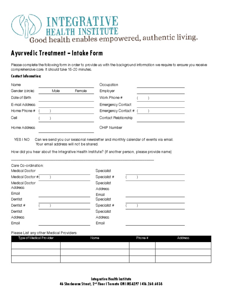 Ayurvedic Treatment - Intake Form: Contact Information | PDF | Herbalism |  Drink, image size:768x1024
