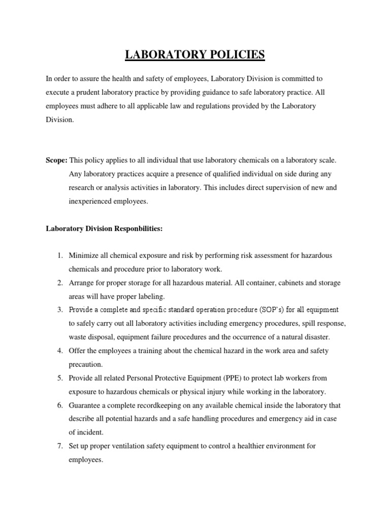 Laboratory Policies Example PDF Laboratories Personal Protective