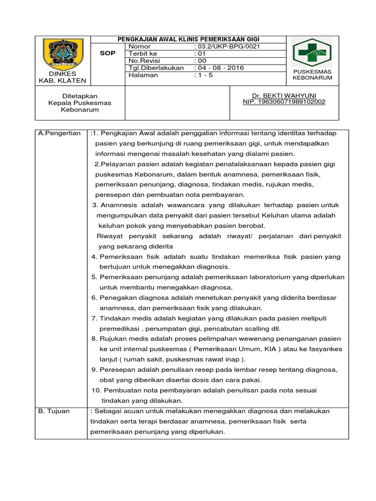 Sop Kajian Awal Klinis Bp Gigi