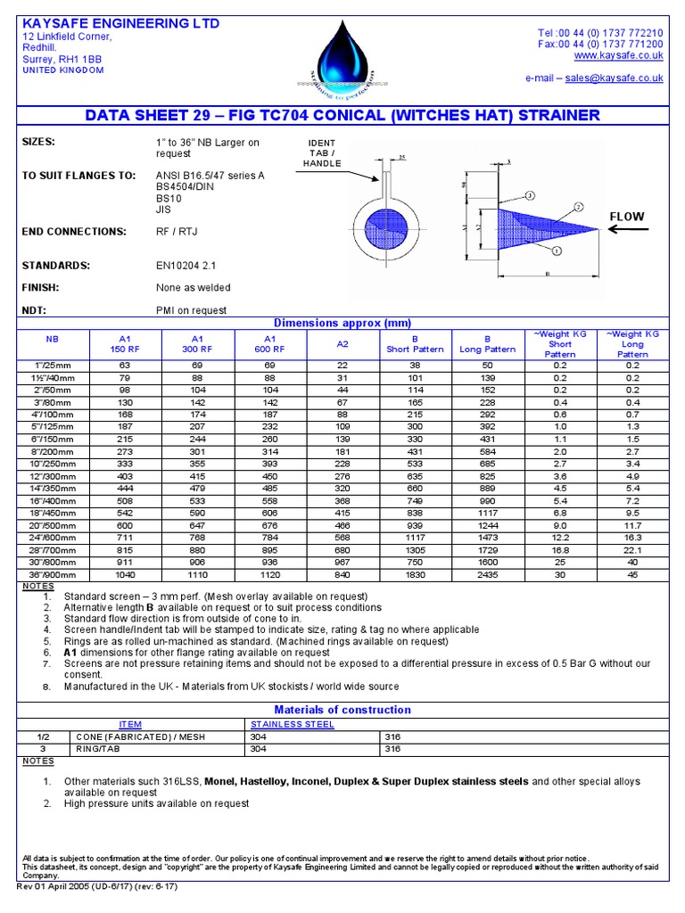 Data Sheet 29 Fig Tc704 Conical (Witches Hat) Strainer PDF Building Engineering Building