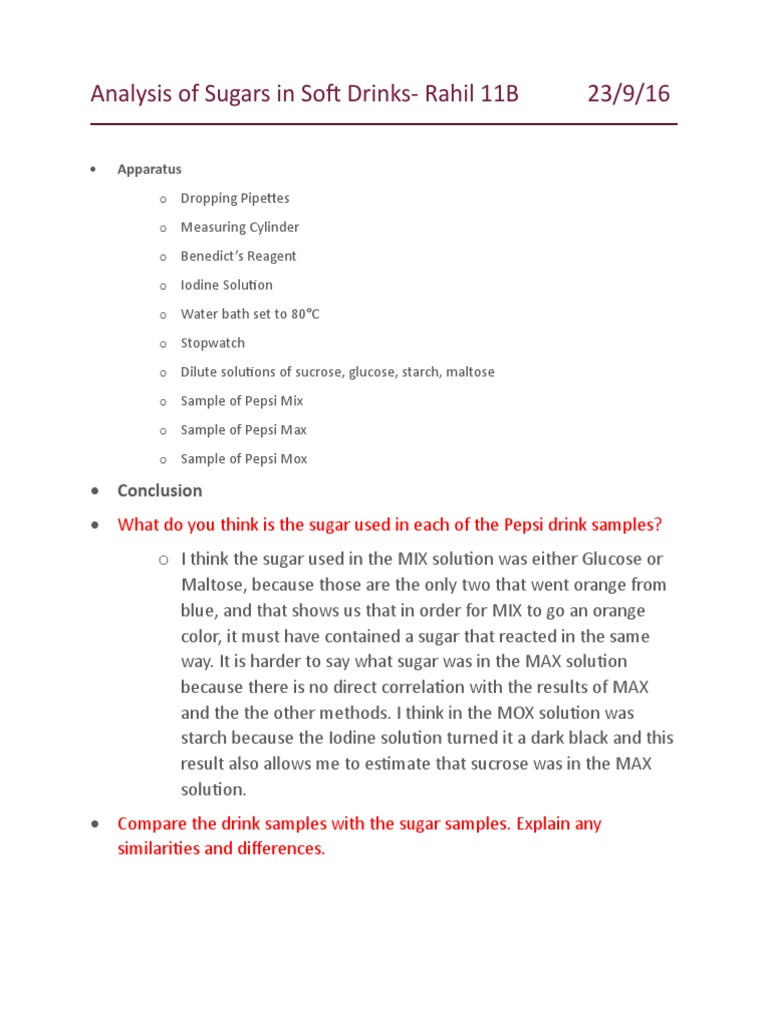 Analysis of Sugars in Soft Drinks PDF Chemistry Beverages