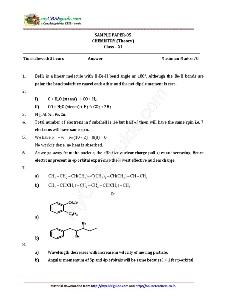 Chemistry Class XI Sample Paper Solutions | PDF | Hydrogen | Atomic Orbital