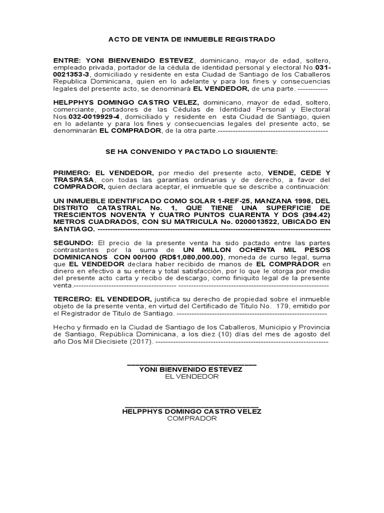 1) Contrato de Venta de Un Inmueble Registrado 1 República Dominicana