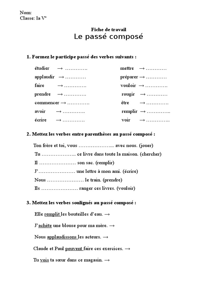 Exercice Sur Le Passé Composé Cm1 Fiche Passe Compose V | PDF