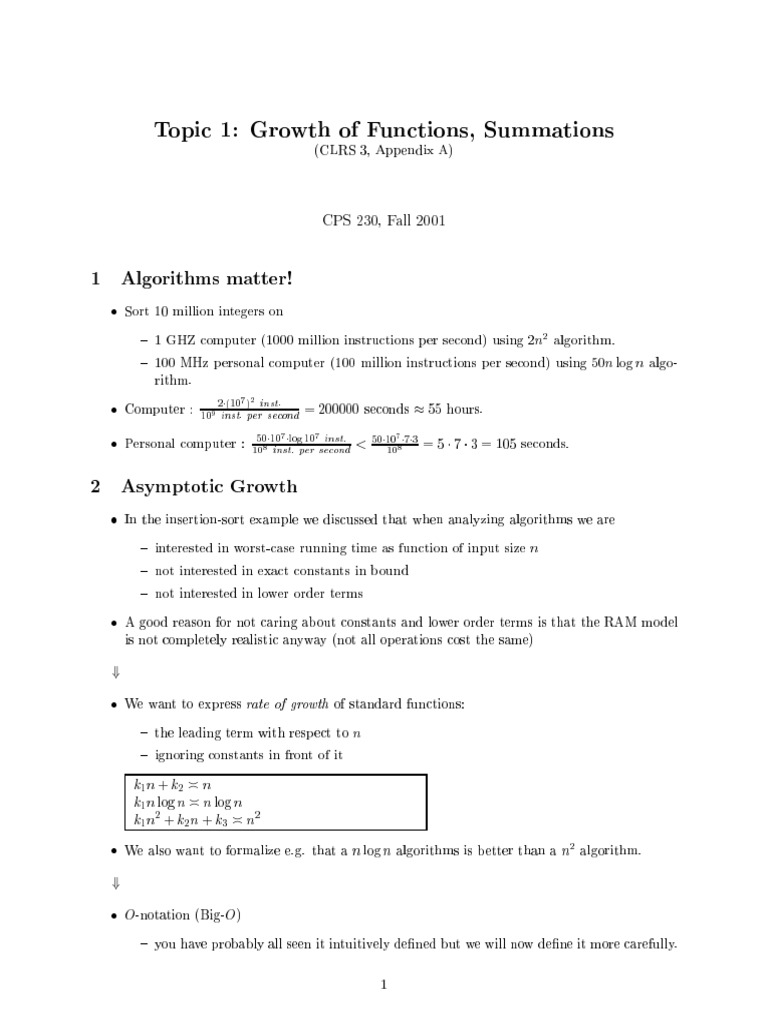 Topic 1: Growth of Functions, Summations: 1 Algorithms Matter! | PDF ...