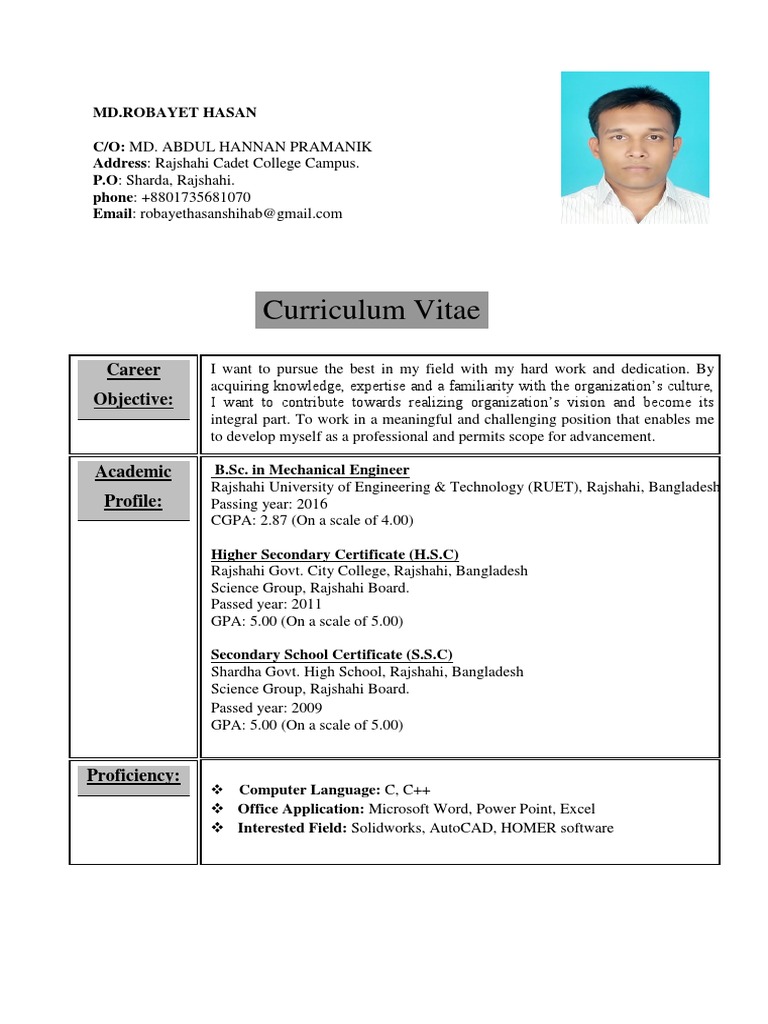 Cv Robayet Hasan Bangladesh Engineering