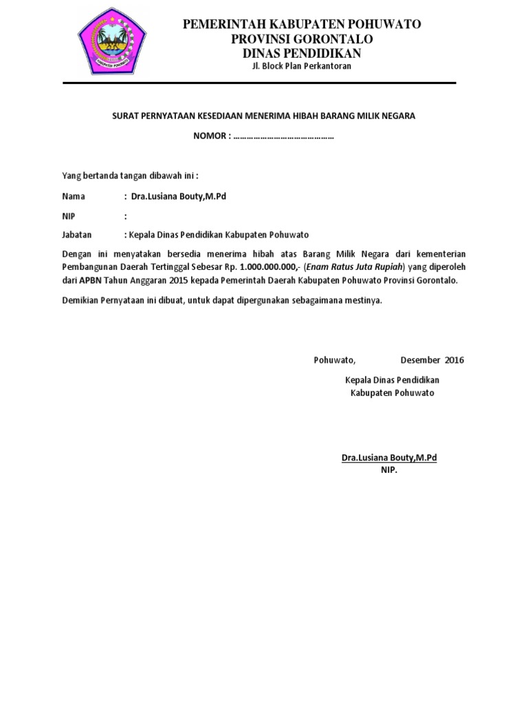 Surat Pernyataan Kesediaan Menerima Hibah Oke Pohuwato 