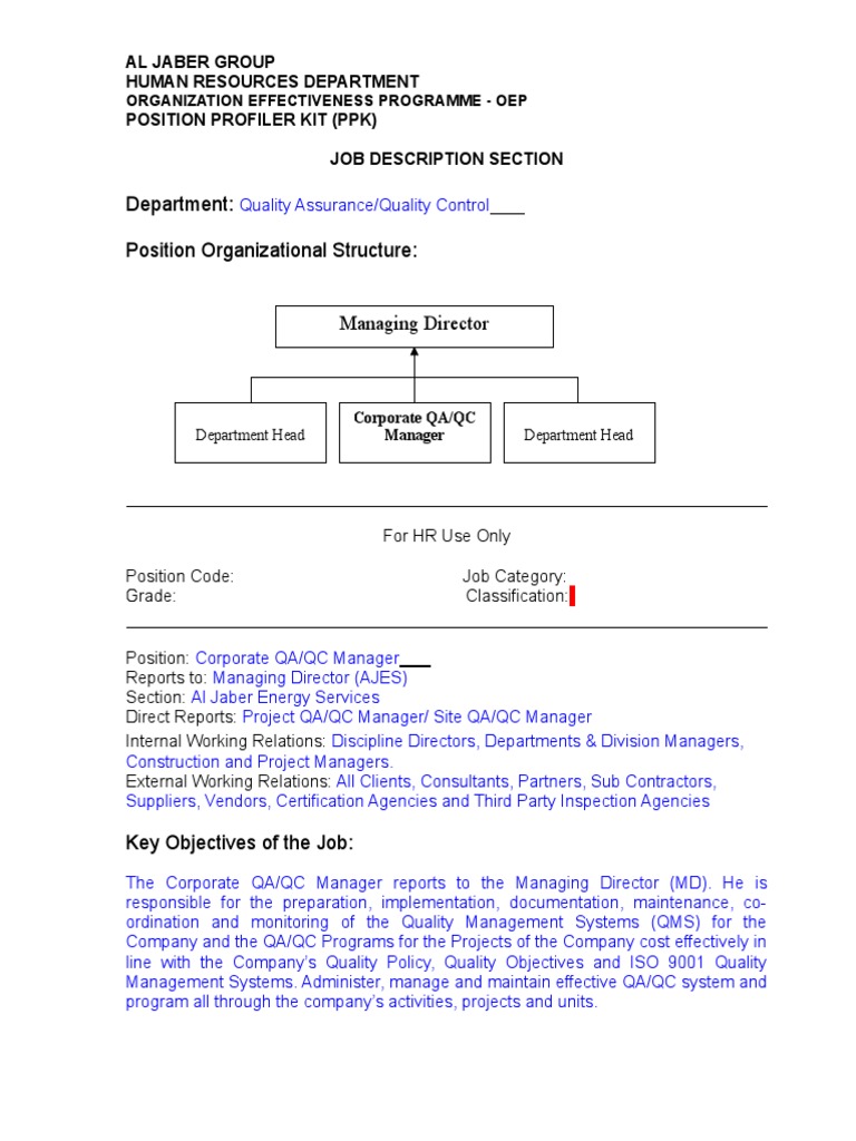 Corporate Qa Qc Manager Quality Assurance Audit