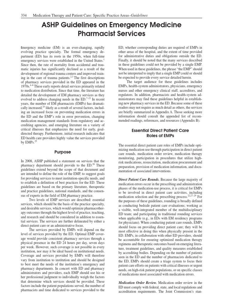 Guidelines Emergency Medicine Pharmacist Services PDF Pharmacy