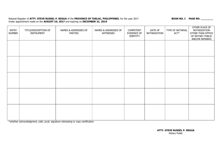 Notarial Register of ATTY. REGUA 2017 | PDF