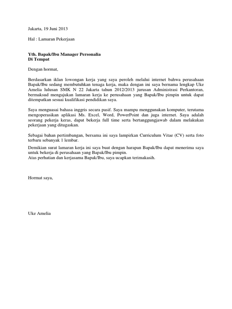 Contoh Surat Lamaran Pekerjaan Administrasi Perkantoran Kumpulan Contoh Gambar