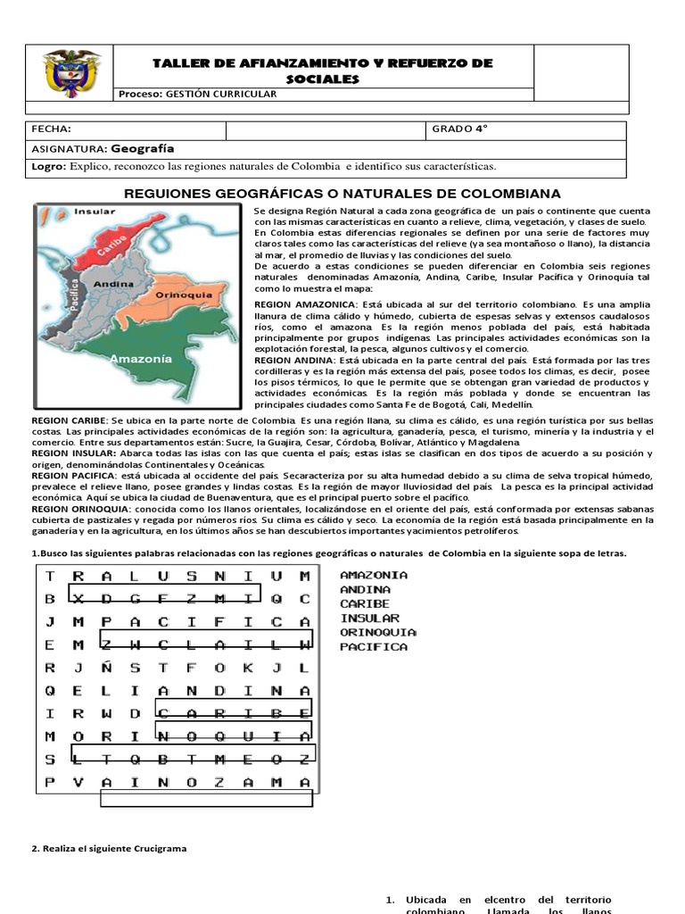 GUÍA TALLER DE SOCIALES 4° - Regiones de Colombia Docente | Colombia ...