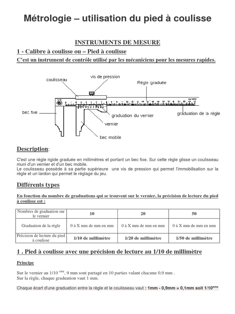 Exercice Lecture Pied à Coulisse 1 20 Métrologie - Utilisation Du Pied À Coulisse | PDF | Pied (Unité) |  Observation scientifique