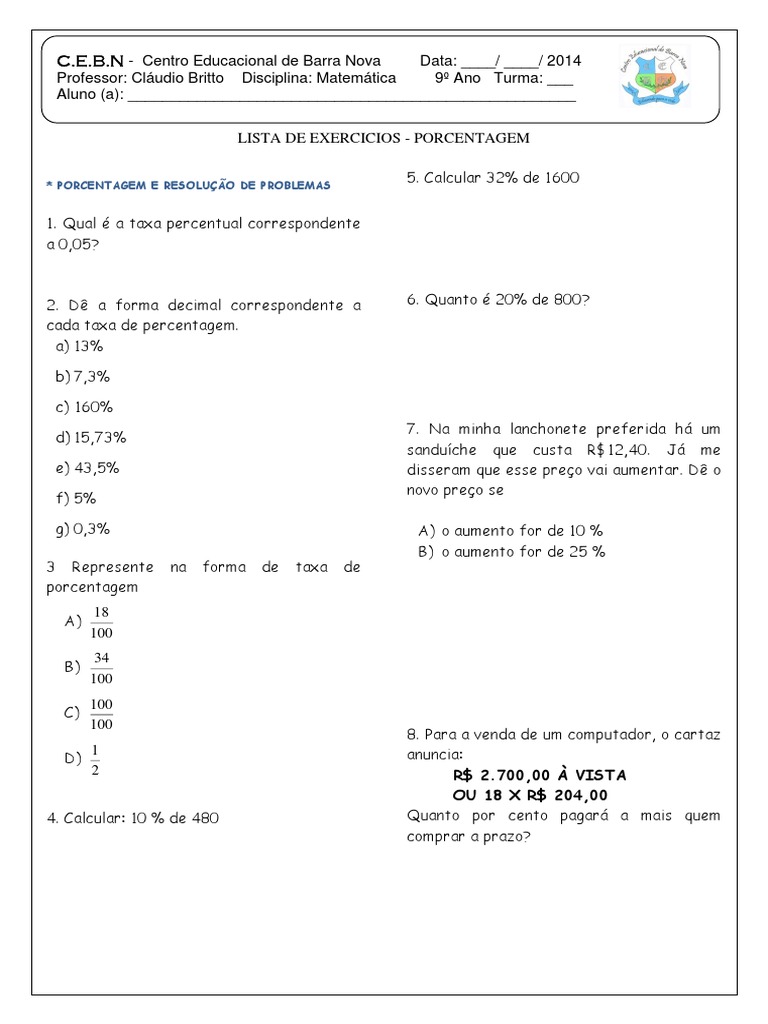 Exercicios De Porcentagem Matematica Exercicios Porcentagem Gabarito