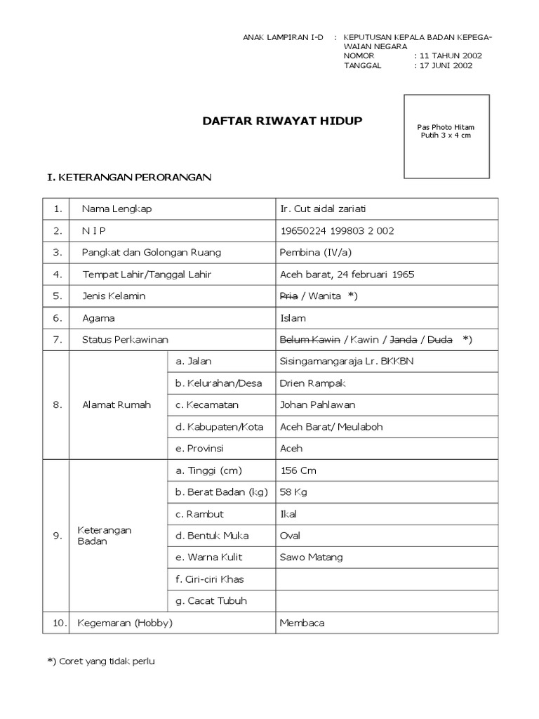 Contoh Daftar Riwayat Hidup