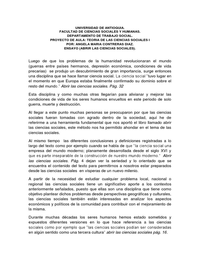 Ensayo de Abrir a Las Ciencias Sociales Ciencias