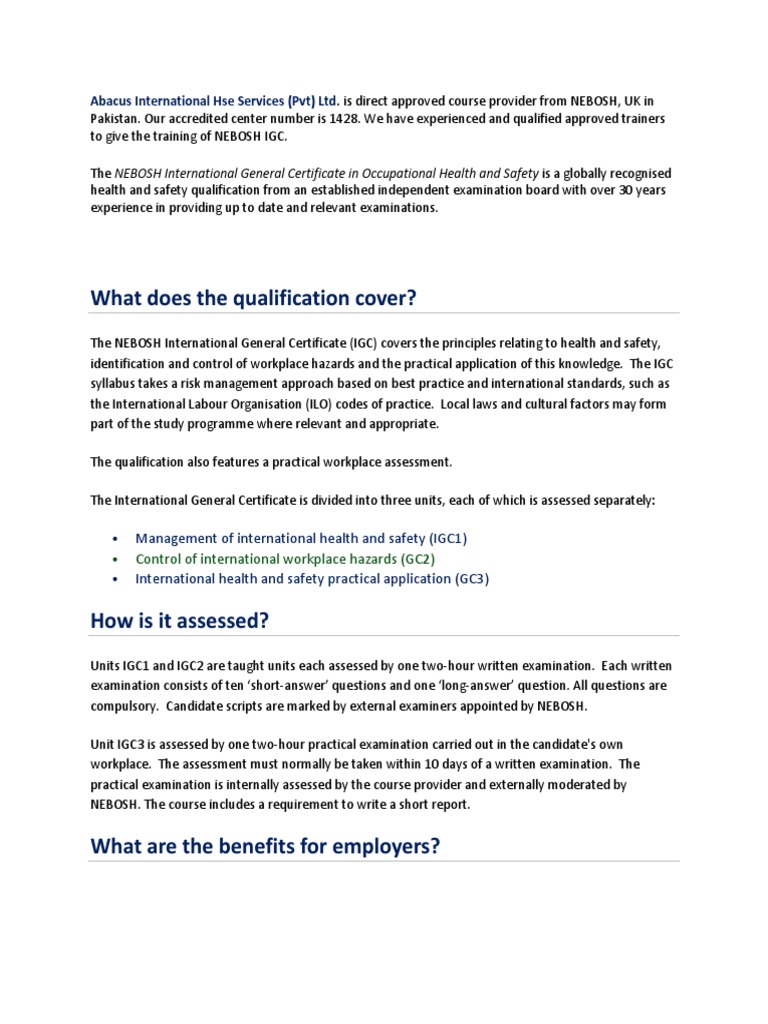 NEBOSH IGC Training by Abacus International | PDF | Occupational Safety ...