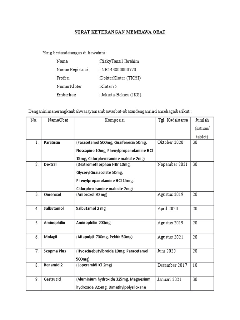 Surat Keterangan Membawa Obat