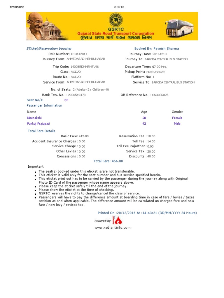 GSRTC Ticket PDF Ticket (Admission) Payments