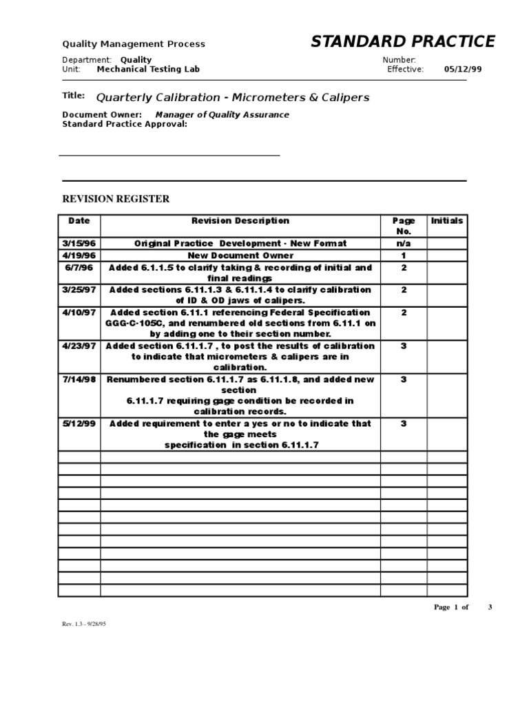 Quarterly Calibration of Micrometers & Calipers | PDF | Calibration ...