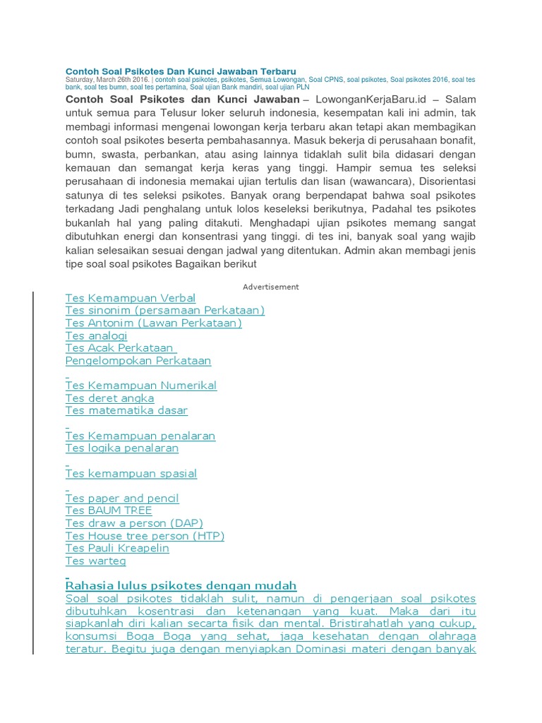 Contoh Soal Psikotes Olahraga