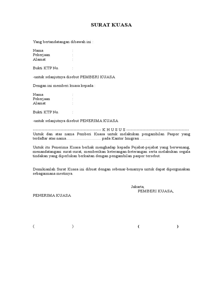 Surat Kuasa Untuk Pengambilan Paspor
