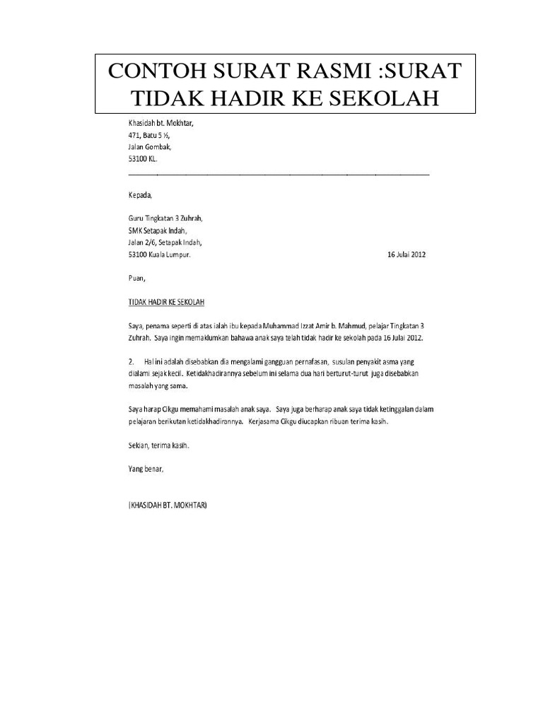 Contoh Surat Tidak Hadir Ke Sekolah Pdf