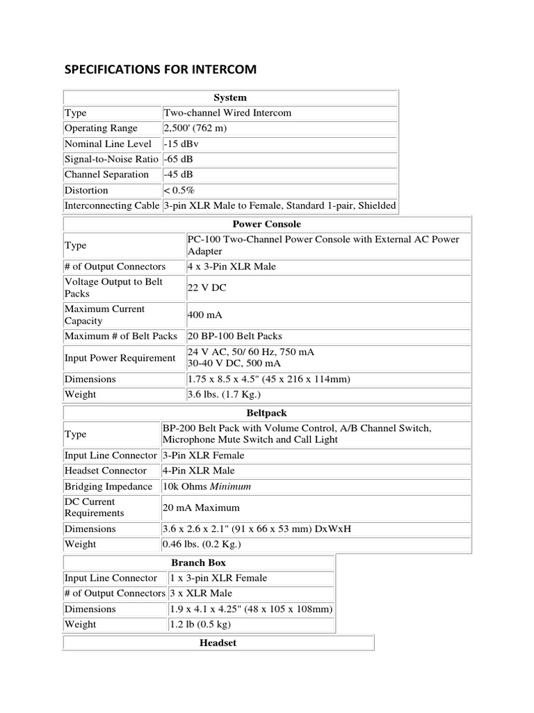 Intercom System Specifications | PDF | Computers | Technology & Engineering