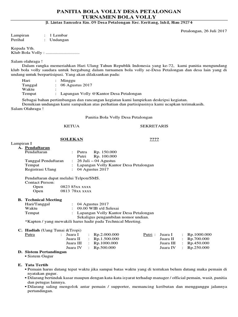 Undangan Bola Voly Desa Petalongan